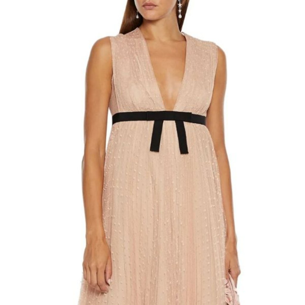 Red Valentino Bow Embellished Pleated Point D'esprit Blush Colored Dress